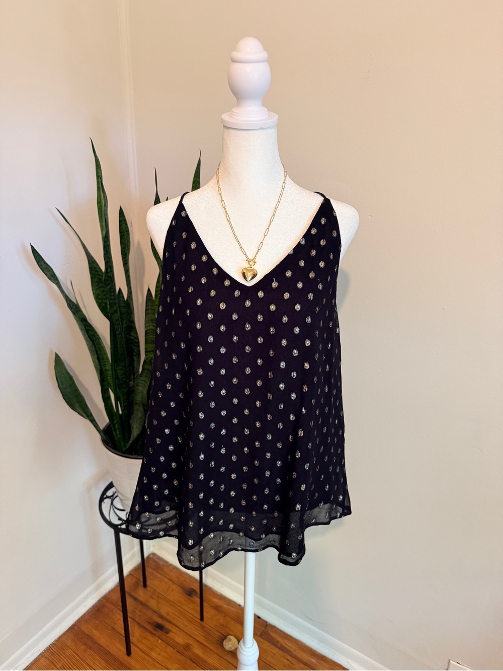 LOFT Black Metallic Gold Dot V-Neck Camisole Tank Top MP